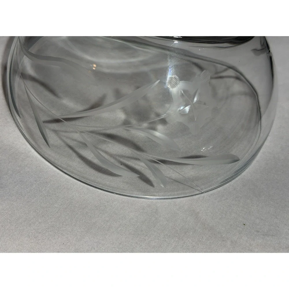Vintage Etched Clear Glass Candy Dish with Lid Floral Pattern Pedestal Bowl